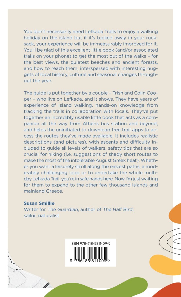 Back cover of a guidebook titled 'Lefkada Trails' featuring a summary of the book's content and the authors' credentials, along with an ISBN barcode.