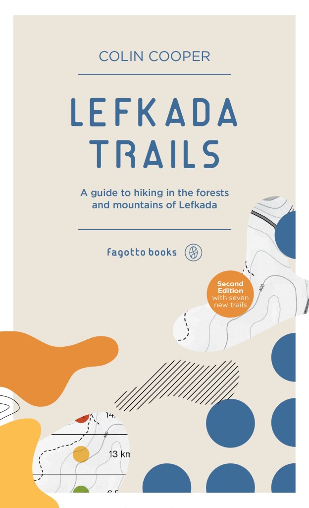 Book cover for 'Lefkada Trails' by Colin Cooper, featuring colorful abstract shapes and text indicating it's a hiking guide with a second edition note.